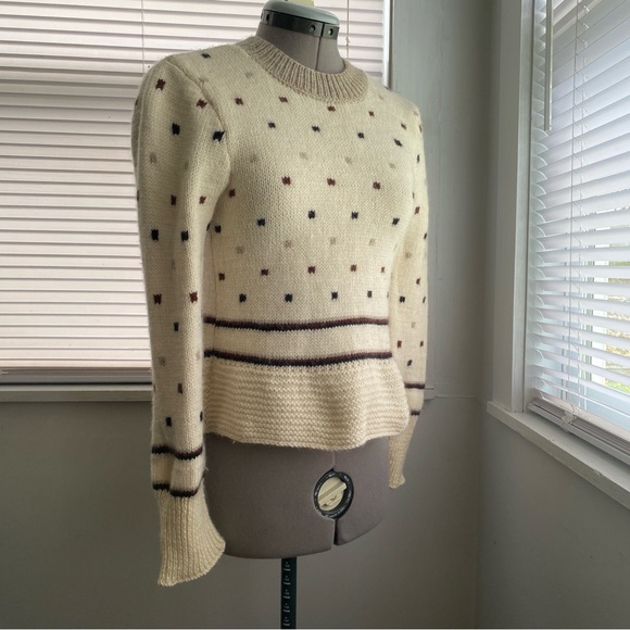 Women's Handknit Sweater Off White Brown Polka Dot Long Sleeve Size Handmade XXS - Picture 3 of 9
